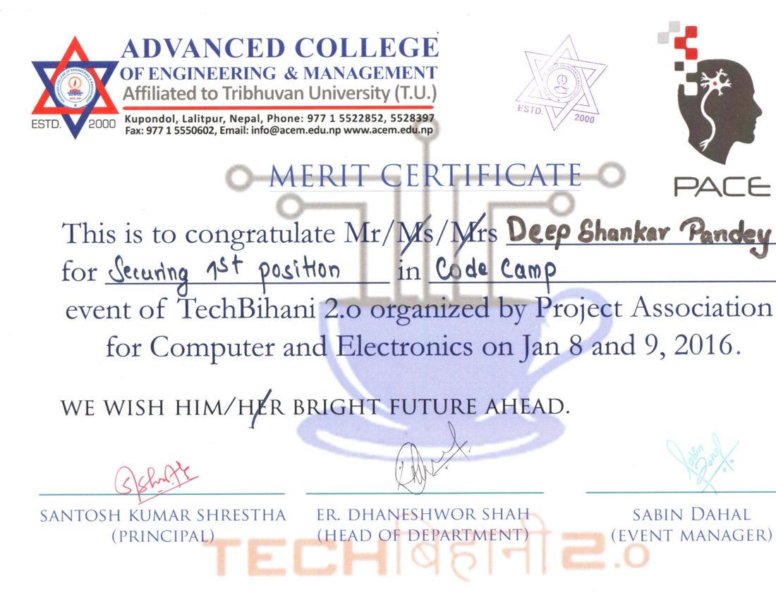 ACEM TechBihani 2.0 certificate awarding first place in Code Camp