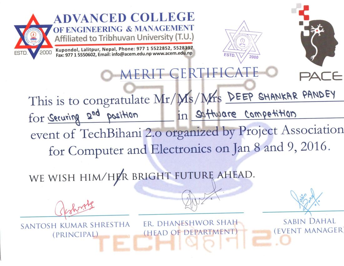 TechBihani 2.0 certificate for second place in the software competition