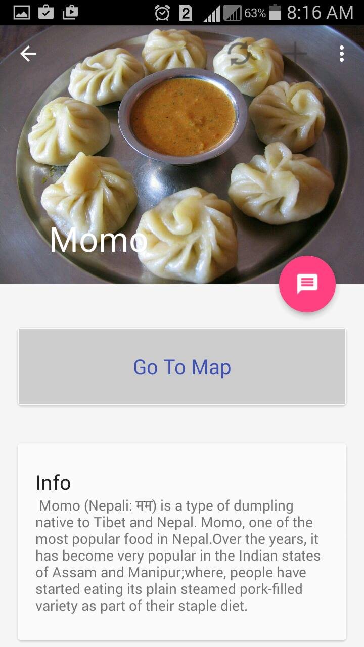 Food Tours Nepal Momo screen with a photo, map button, and dish information