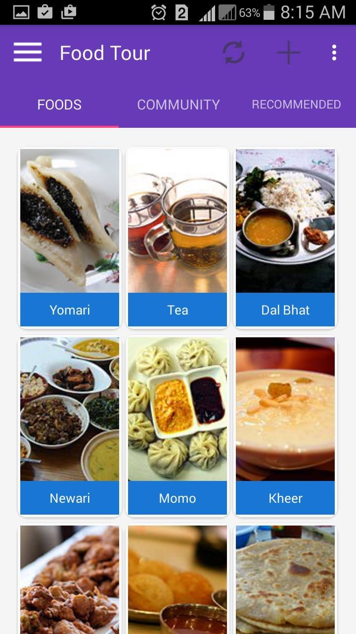 Food Tours Nepal app screen showing a grid of Nepali foods