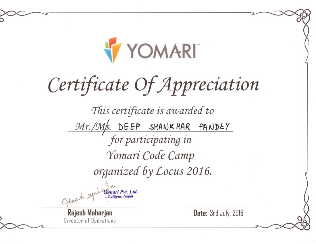 Yomari Code Camp 2016 participation certificate
