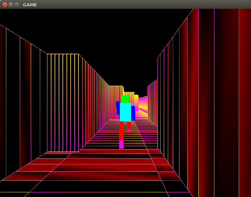 Original 3D graphics game screenshot of a geometric character in a colorful corridor