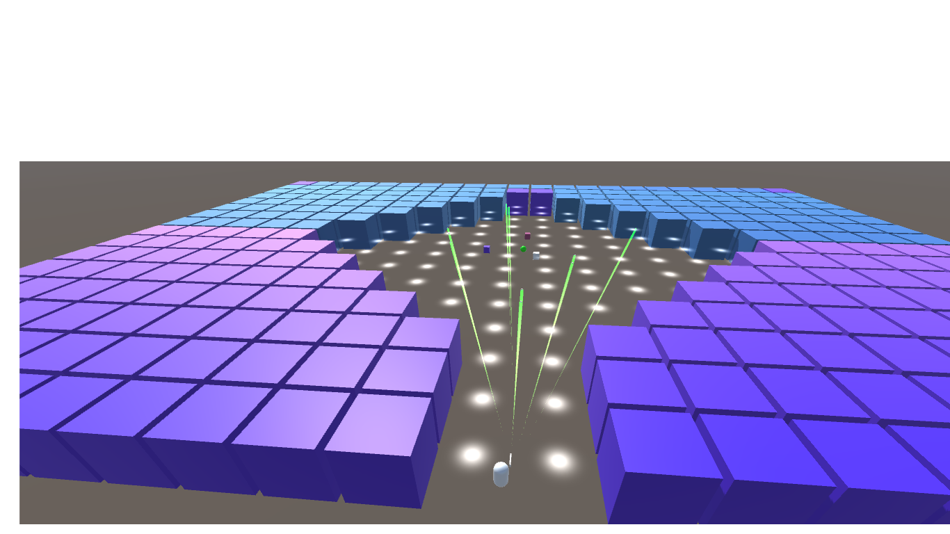 3D graphics project scene with purple and blue geometric platforms and green light rays