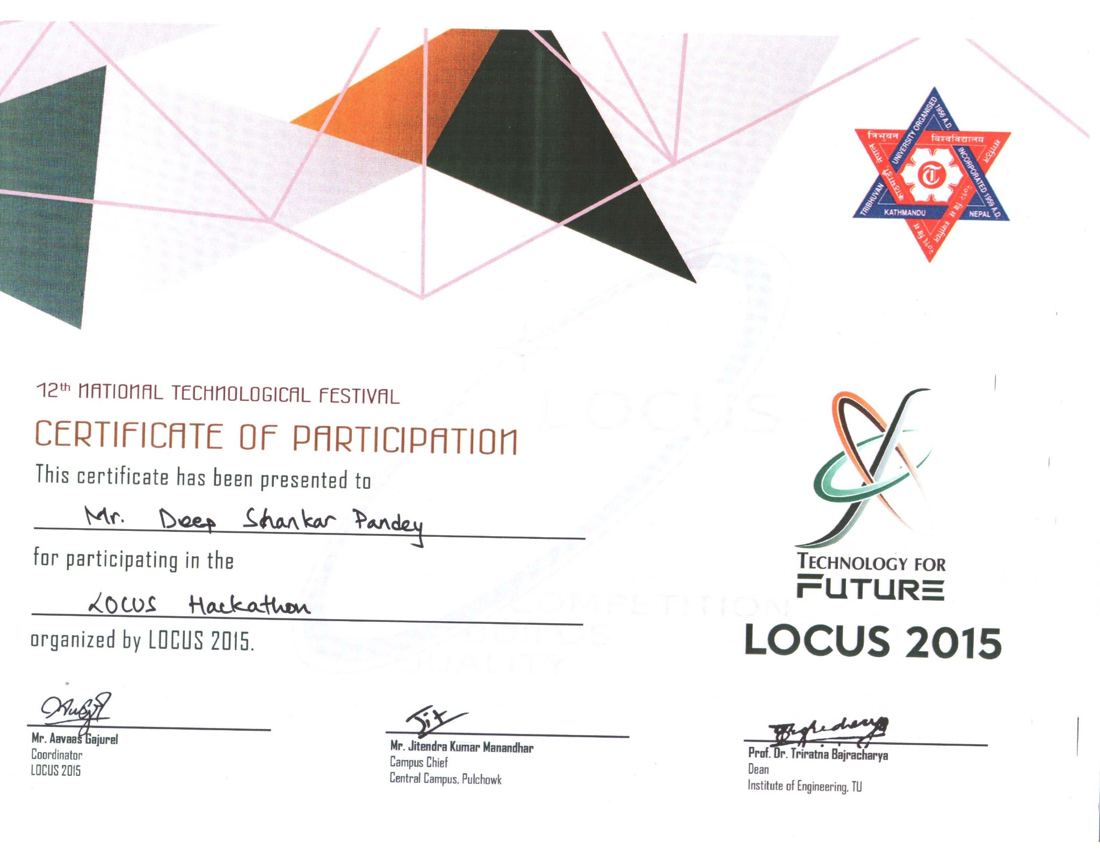LOCUS 2015 hackathon participation certificate