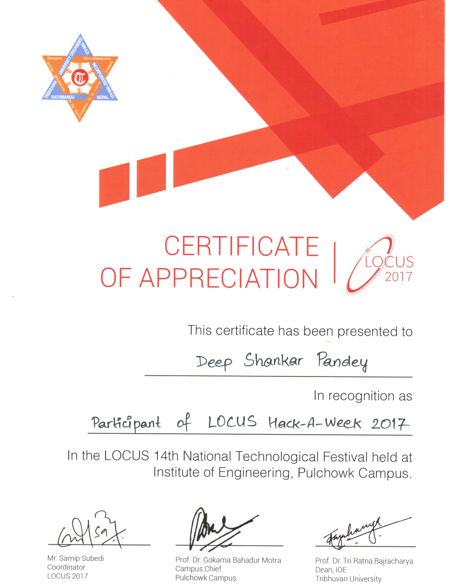 LOCUS Hack-A-Week 2017 participation certificate for Deep Shankar Pandey