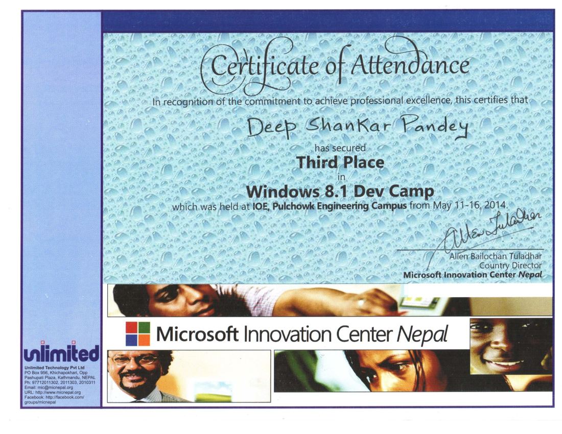 Windows 8.1 Dev Camp third-place certificate