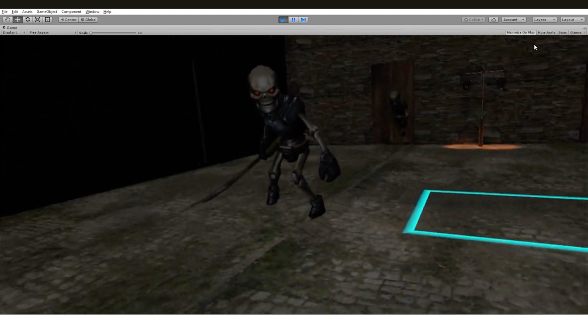 Unity VR game scene with one skeletal enemy in a stone room