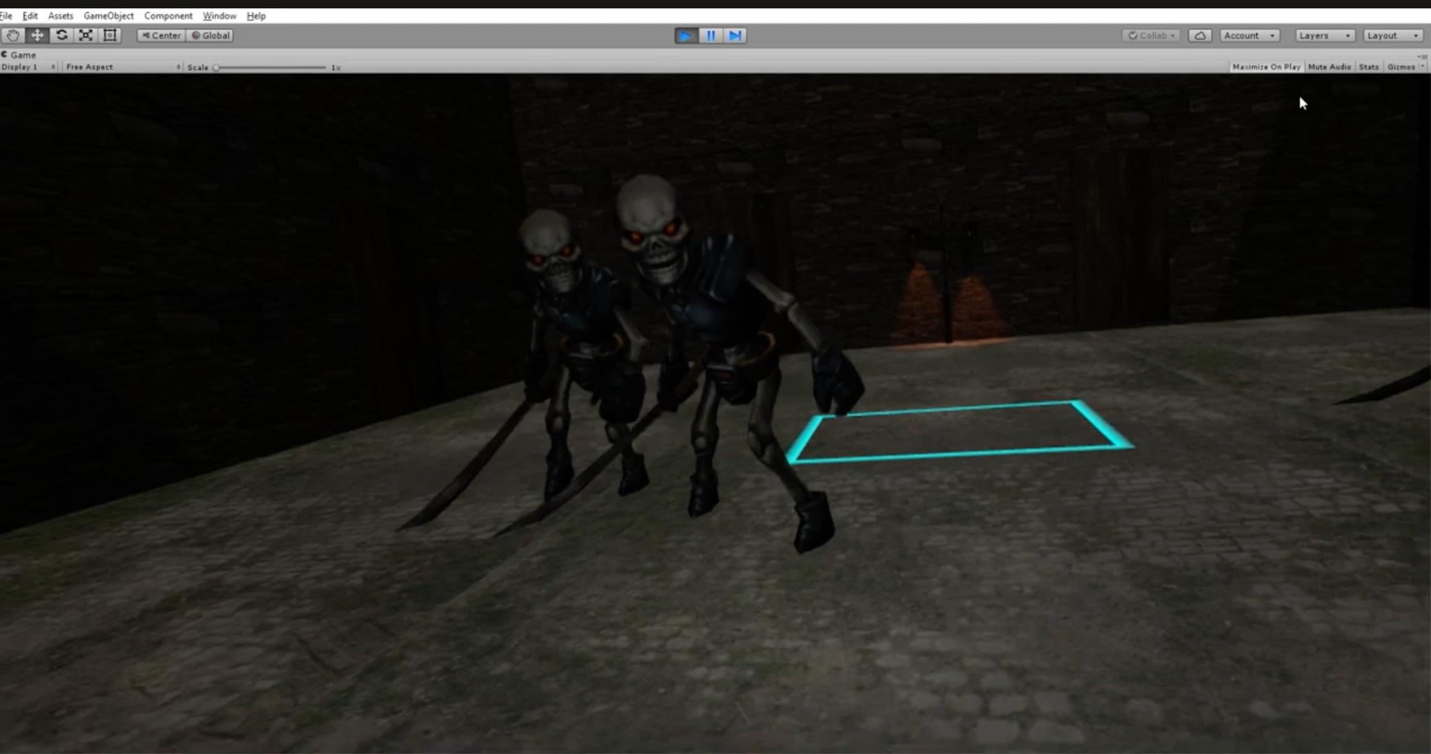 Unity VR game scene with two skeletal enemies in a stone room